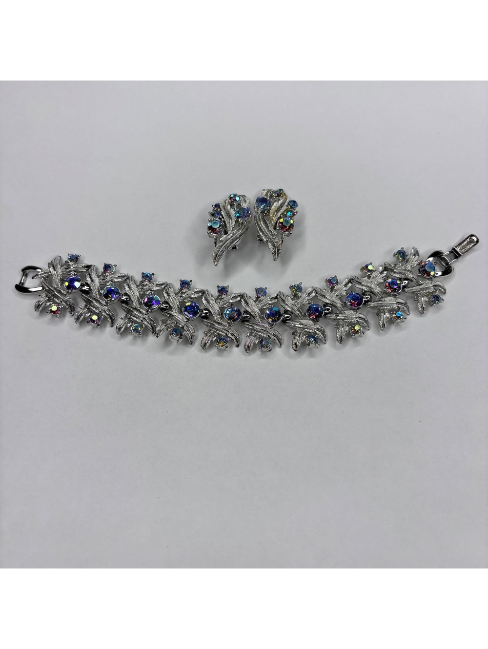Vintage Coro Blue AB Rhinestone Silver Tone Bracelet & Earrings Set